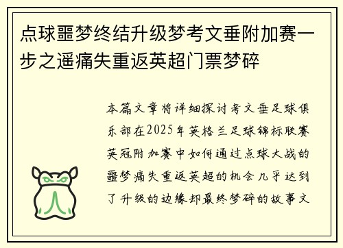 点球噩梦终结升级梦考文垂附加赛一步之遥痛失重返英超门票梦碎