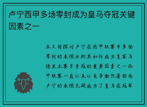 卢宁西甲多场零封成为皇马夺冠关键因素之一