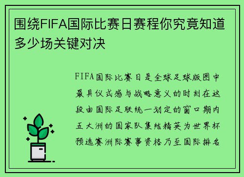 围绕FIFA国际比赛日赛程你究竟知道多少场关键对决