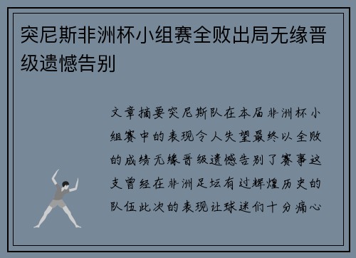 突尼斯非洲杯小组赛全败出局无缘晋级遗憾告别